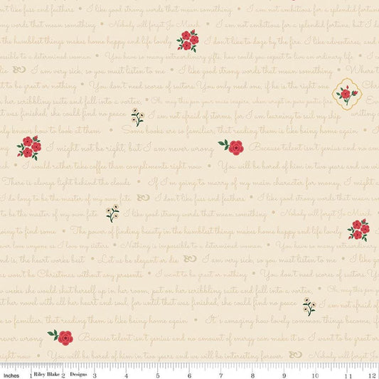 Image of Orchard House Text Cream quilting cotton fabric by Heather Peterson for Riley Blake Designs. Features words and flowers on a cream background. Cute Little Fabric Shop.
