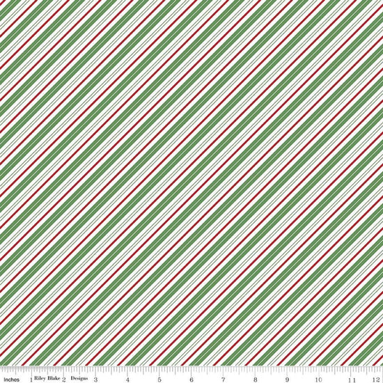 Image of Claus & Co. Candy Cane Stripes Multi quilting cotton fabric by Melissa Mortenson for Riley Blake Designs. Features stripes on a green background. Cute Little Fabric Shop.