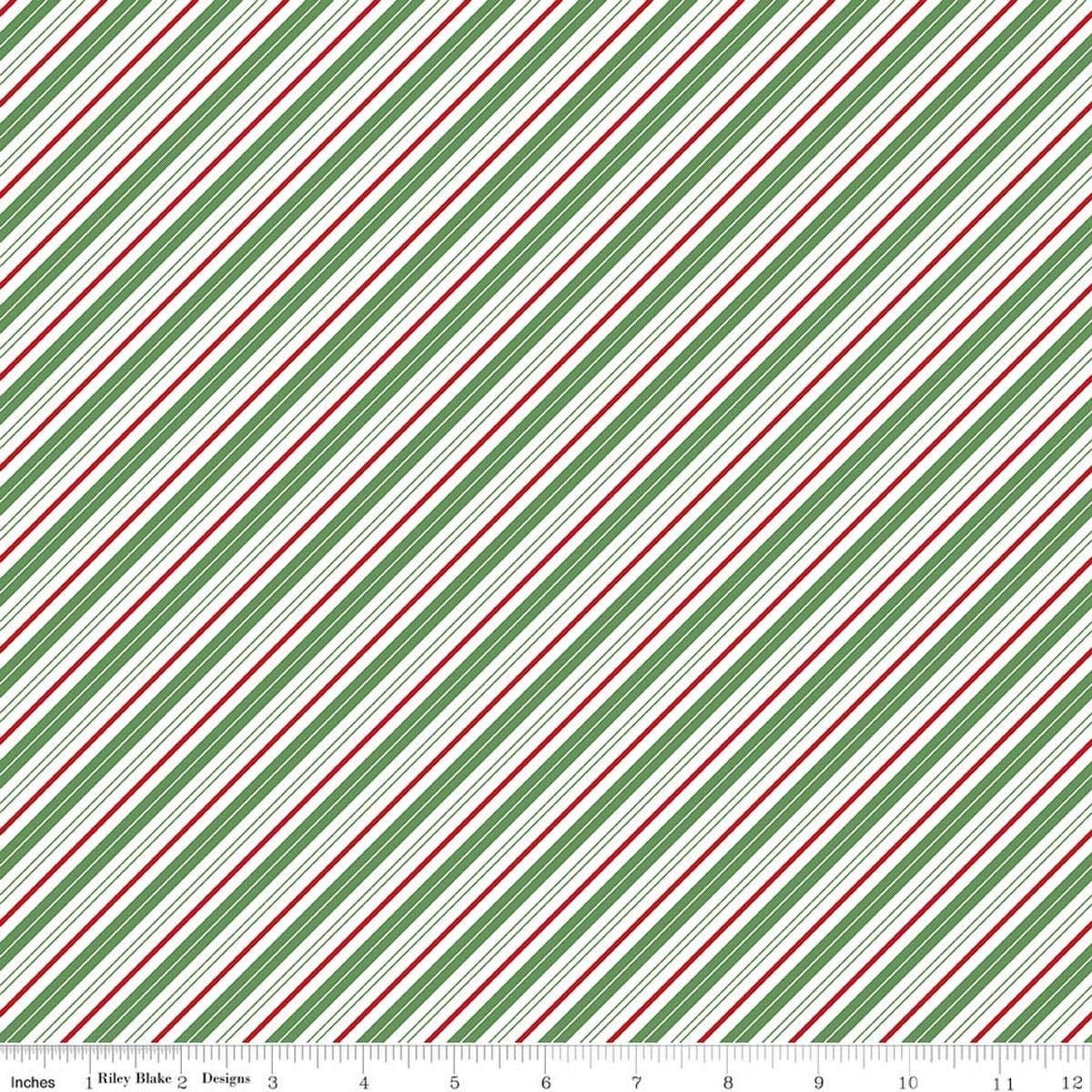 Image of Claus & Co. Candy Cane Stripes Multi quilting cotton fabric by Melissa Mortenson for Riley Blake Designs. Features stripes on a green background. Cute Little Fabric Shop.