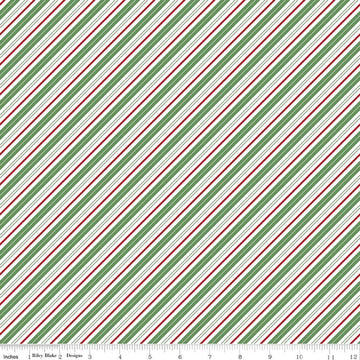 Image of Claus & Co. Candy Cane Stripes Multi quilting cotton fabric by Melissa Mortenson for Riley Blake Designs. Features stripes on a green background. Cute Little Fabric Shop.