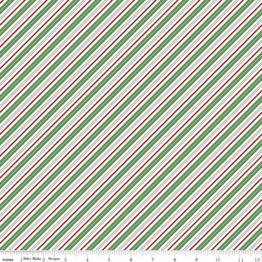 Image of Claus & Co. Candy Cane Stripes Multi quilting cotton fabric by Melissa Mortenson for Riley Blake Designs. Features stripes on a green background. Cute Little Fabric Shop.