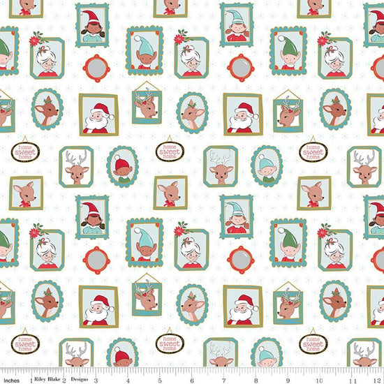 Image of Claus & Co. Wallpaper White Sparkle quilting cotton fabric by Melissa Mortenson for Riley Blake Designs. Features pictures on a white background. Cute Little Fabric Shop.
