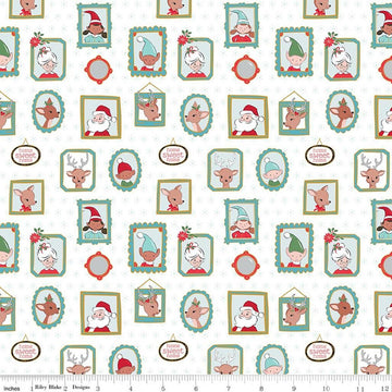 Image of Claus & Co. Wallpaper White Sparkle quilting cotton fabric by Melissa Mortenson for Riley Blake Designs. Features pictures on a white background. Cute Little Fabric Shop.