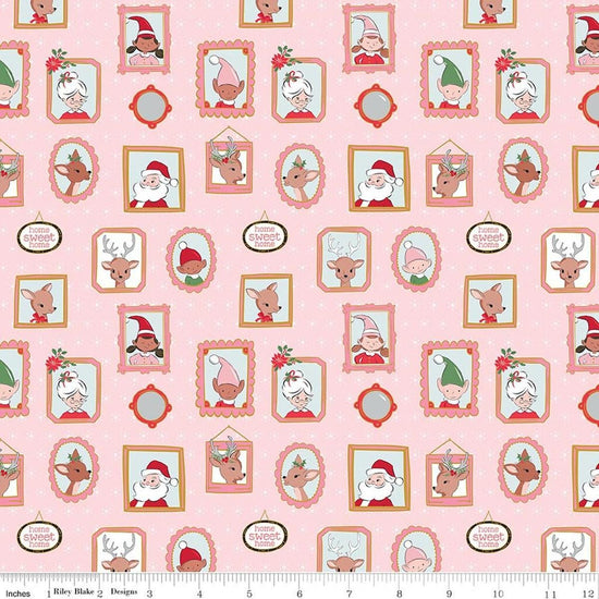 Image of Claus & Co. Wallpaper Pink Sparkle quilting cotton fabric by Melissa Mortenson for Riley Blake Designs. Features pictures on a pink background. Cute Little Fabric Shop.