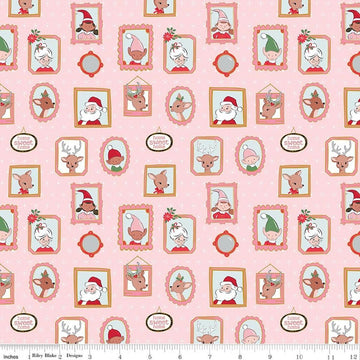 Image of Claus & Co. Wallpaper Pink Sparkle quilting cotton fabric by Melissa Mortenson for Riley Blake Designs. Features pictures on a pink background. Cute Little Fabric Shop.