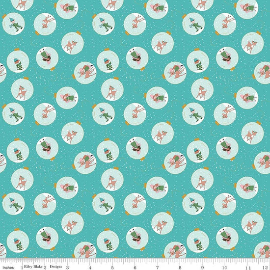 Image of Claus & Co. Ornaments Blue quilting cotton fabric by Melissa Mortenson for Riley Blake Designs. Features ornaments on a blue background. Cute Little Fabric Shop.
