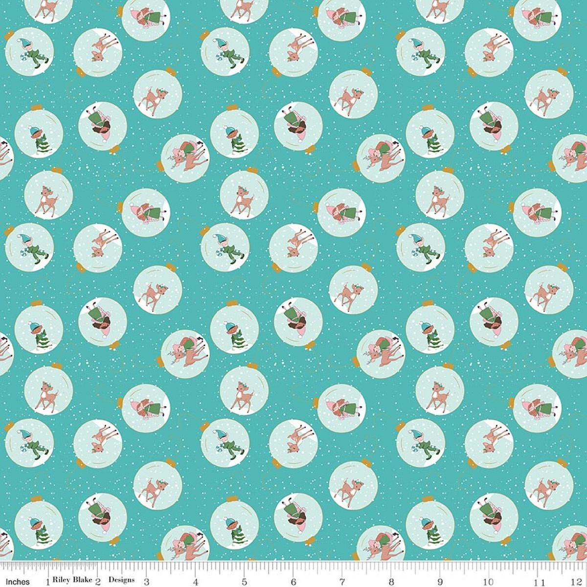 Image of Claus & Co. Ornaments Blue quilting cotton fabric by Melissa Mortenson for Riley Blake Designs. Features ornaments on a blue background. Cute Little Fabric Shop.