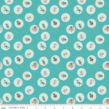 Image of Claus & Co. Ornaments Blue quilting cotton fabric by Melissa Mortenson for Riley Blake Designs. Features ornaments on a blue background. Cute Little Fabric Shop.