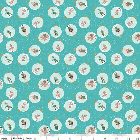 Image of Claus & Co. Ornaments Blue quilting cotton fabric by Melissa Mortenson for Riley Blake Designs. Features ornaments on a blue background. Cute Little Fabric Shop.