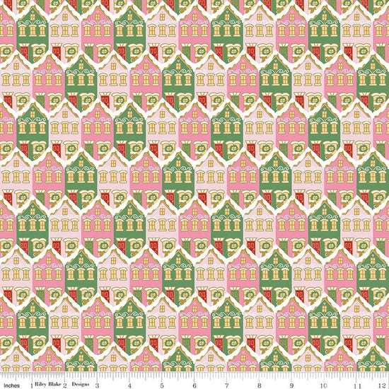 Image of Claus & Co. Christmas Houses Pink Sparkle quilting cotton fabric by Melissa Mortenson for Riley Blake Designs. Features houses on a pink background. Cute Little Fabric Shop.