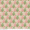 Image of Claus & Co. Christmas Houses Pink Sparkle quilting cotton fabric by Melissa Mortenson for Riley Blake Designs. Features houses on a pink background. Cute Little Fabric Shop.