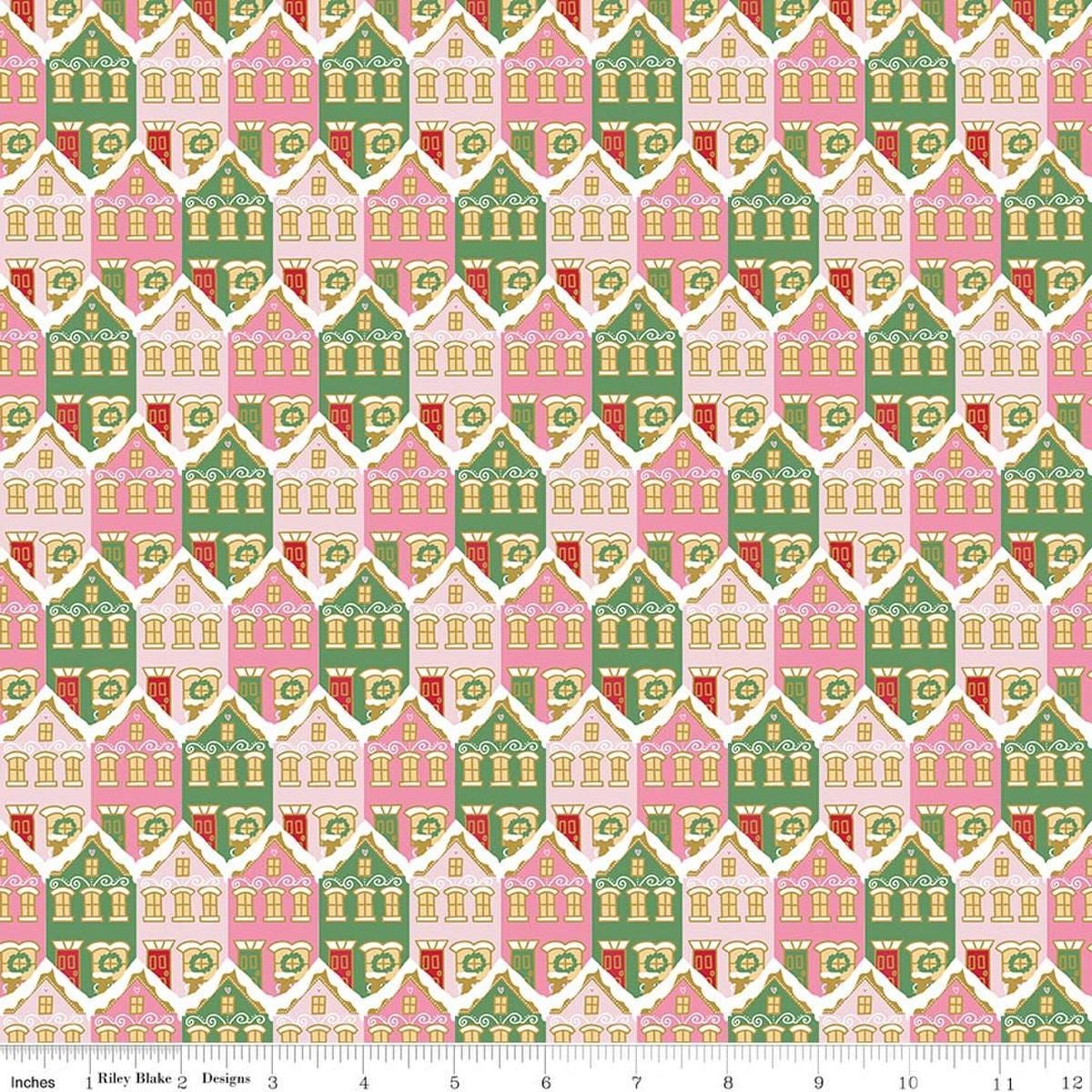 Image of Claus & Co. Christmas Houses Pink Sparkle quilting cotton fabric by Melissa Mortenson for Riley Blake Designs. Features houses on a pink background. Cute Little Fabric Shop.