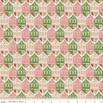 Image of Claus & Co. Christmas Houses Pink Sparkle quilting cotton fabric by Melissa Mortenson for Riley Blake Designs. Features houses on a pink background. Cute Little Fabric Shop.