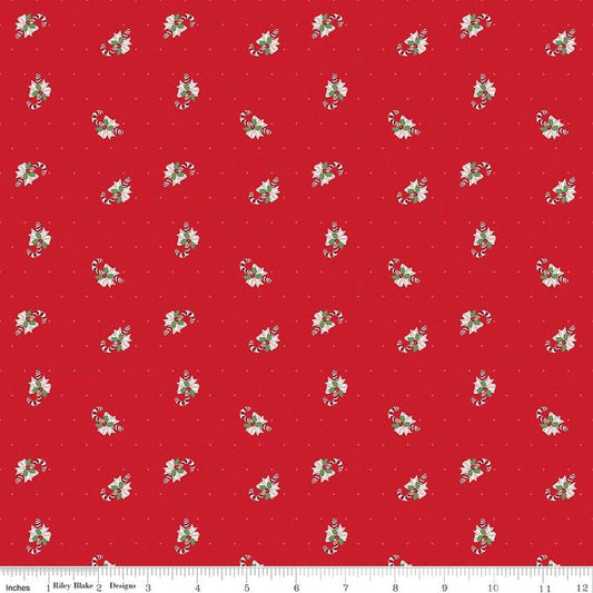 Image of Claus & Co. Candy Cane Toss Red quilting cotton fabric by Melissa Mortenson for Riley Blake Designs. Features candy canes on a red background. Cute Little Fabric Shop.