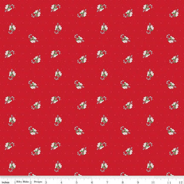 Image of Claus & Co. Candy Cane Toss Red quilting cotton fabric by Melissa Mortenson for Riley Blake Designs. Features candy canes on a red background. Cute Little Fabric Shop.