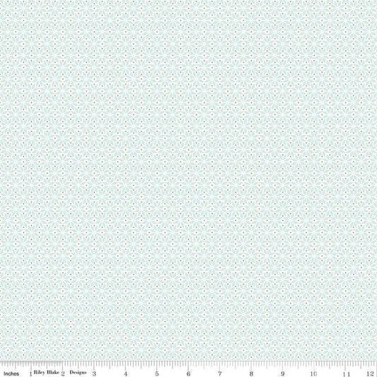 Image of Claus & Co. Star Pattern Blue quilting cotton fabric by Melissa Mortenson for Riley Blake Designs. Features stars on a blue background. Cute Little Fabric Shop.