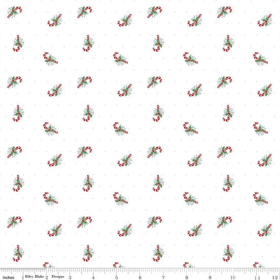 Image of Claus & Co. Candy Cane Toss White quilting cotton fabric by Melissa Mortenson for Riley Blake Designs. Features candy canes on a white background. Cute Little Fabric Shop.