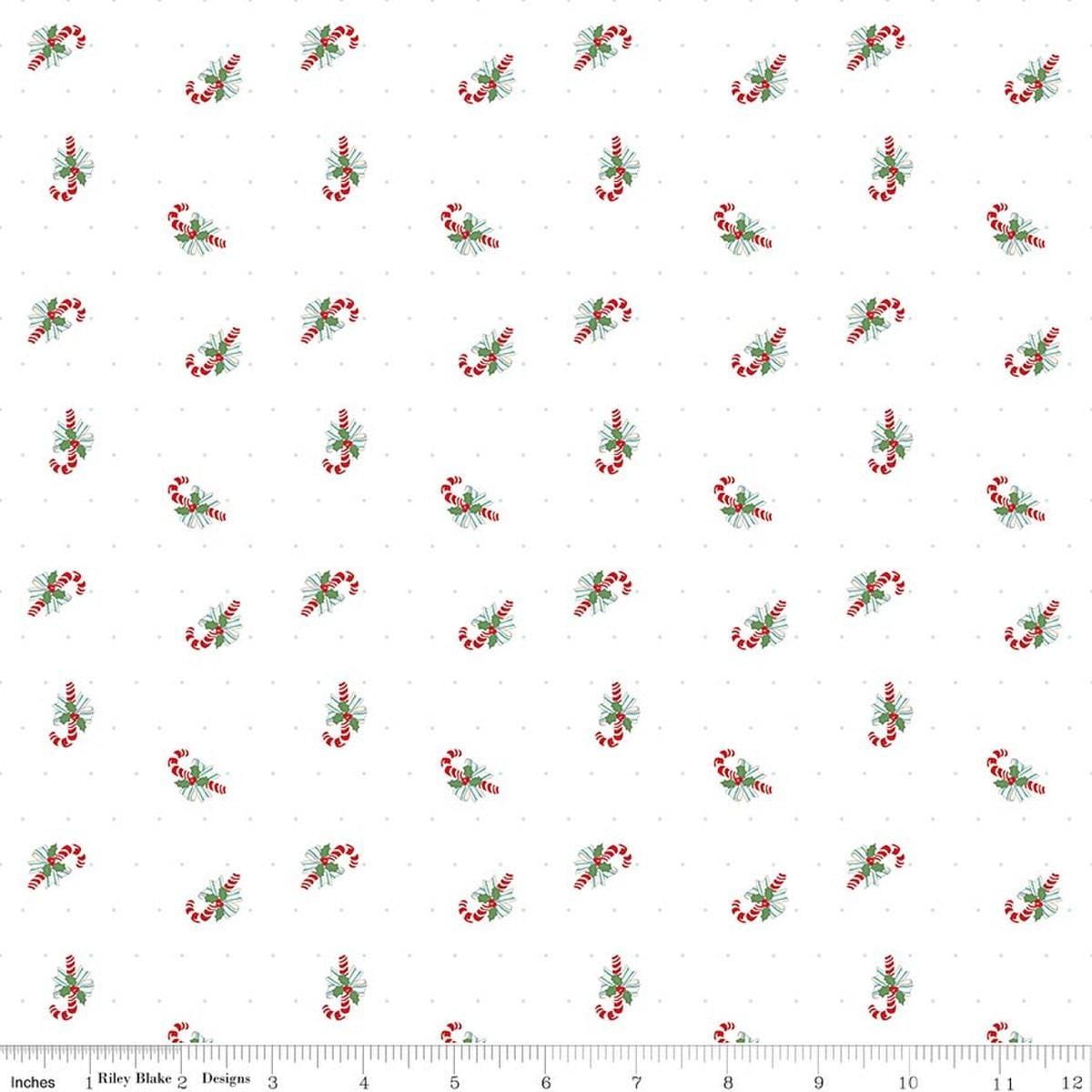 Image of Claus & Co. Candy Cane Toss White quilting cotton fabric by Melissa Mortenson for Riley Blake Designs. Features candy canes on a white background. Cute Little Fabric Shop.