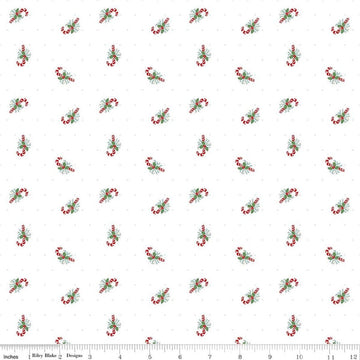 Image of Claus & Co. Candy Cane Toss White quilting cotton fabric by Melissa Mortenson for Riley Blake Designs. Features candy canes on a white background. Cute Little Fabric Shop.