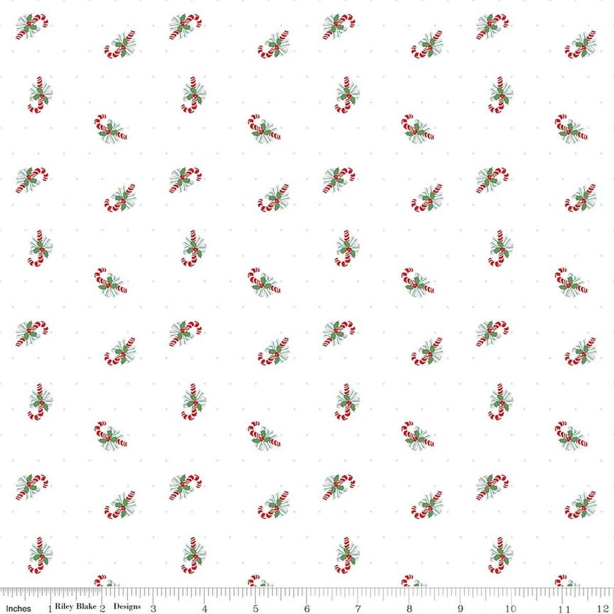 Image of Claus & Co. Candy Cane Toss White quilting cotton fabric by Melissa Mortenson for Riley Blake Designs. Features candy canes on a white background. Cute Little Fabric Shop.