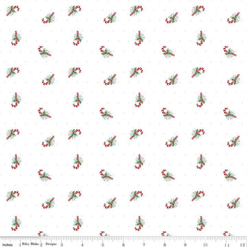 Image of Claus & Co. Candy Cane Toss White quilting cotton fabric by Melissa Mortenson for Riley Blake Designs. Features candy canes on a white background. Cute Little Fabric Shop.