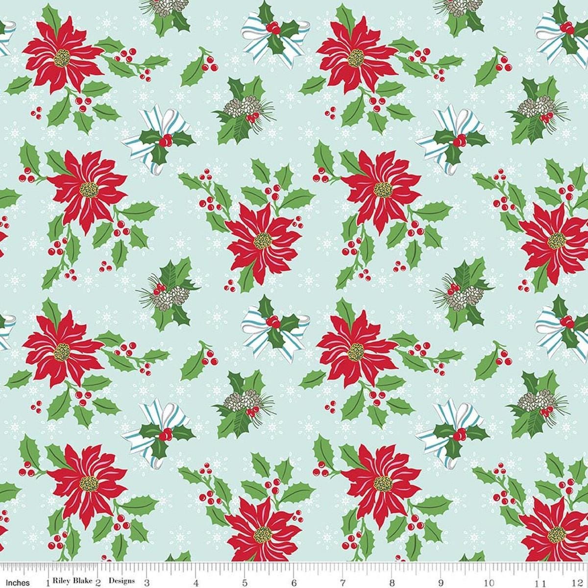 Image of Claus & Co. Main Blue quilting cotton fabric by Melissa Mortenson for Riley Blake Designs. Features flowers on a blue background. Cute Little Fabric Shop.