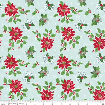 Image of Claus & Co. Main Blue quilting cotton fabric by Melissa Mortenson for Riley Blake Designs. Features flowers on a blue background. Cute Little Fabric Shop.