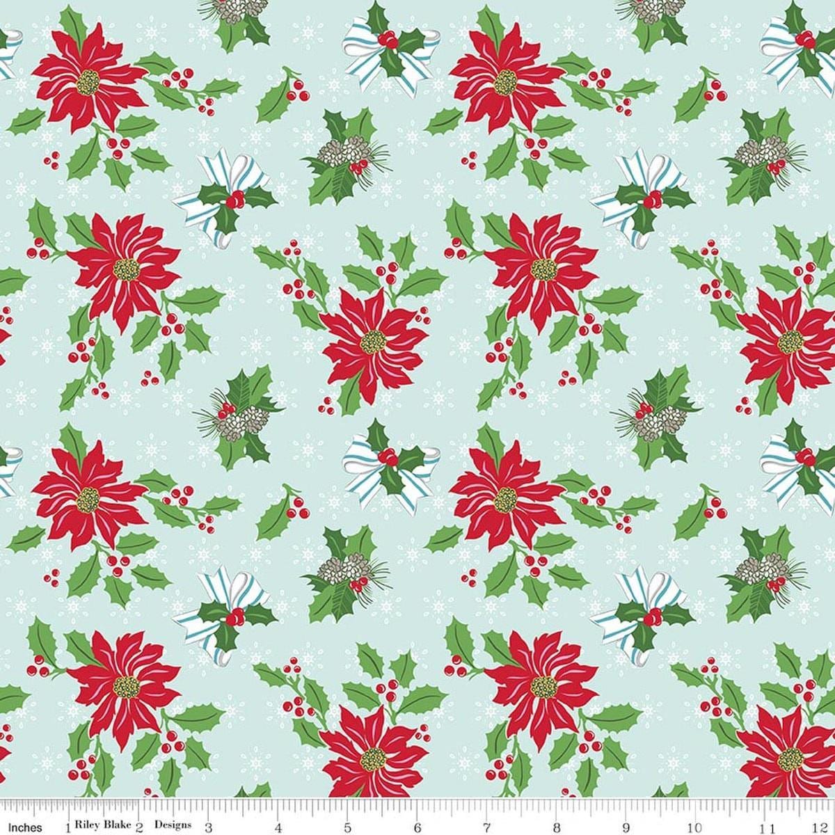 Image of Claus & Co. Main Blue quilting cotton fabric by Melissa Mortenson for Riley Blake Designs. Features flowers on a blue background. Cute Little Fabric Shop.