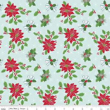 Image of Claus & Co. Main Blue quilting cotton fabric by Melissa Mortenson for Riley Blake Designs. Features flowers on a blue background. Cute Little Fabric Shop.