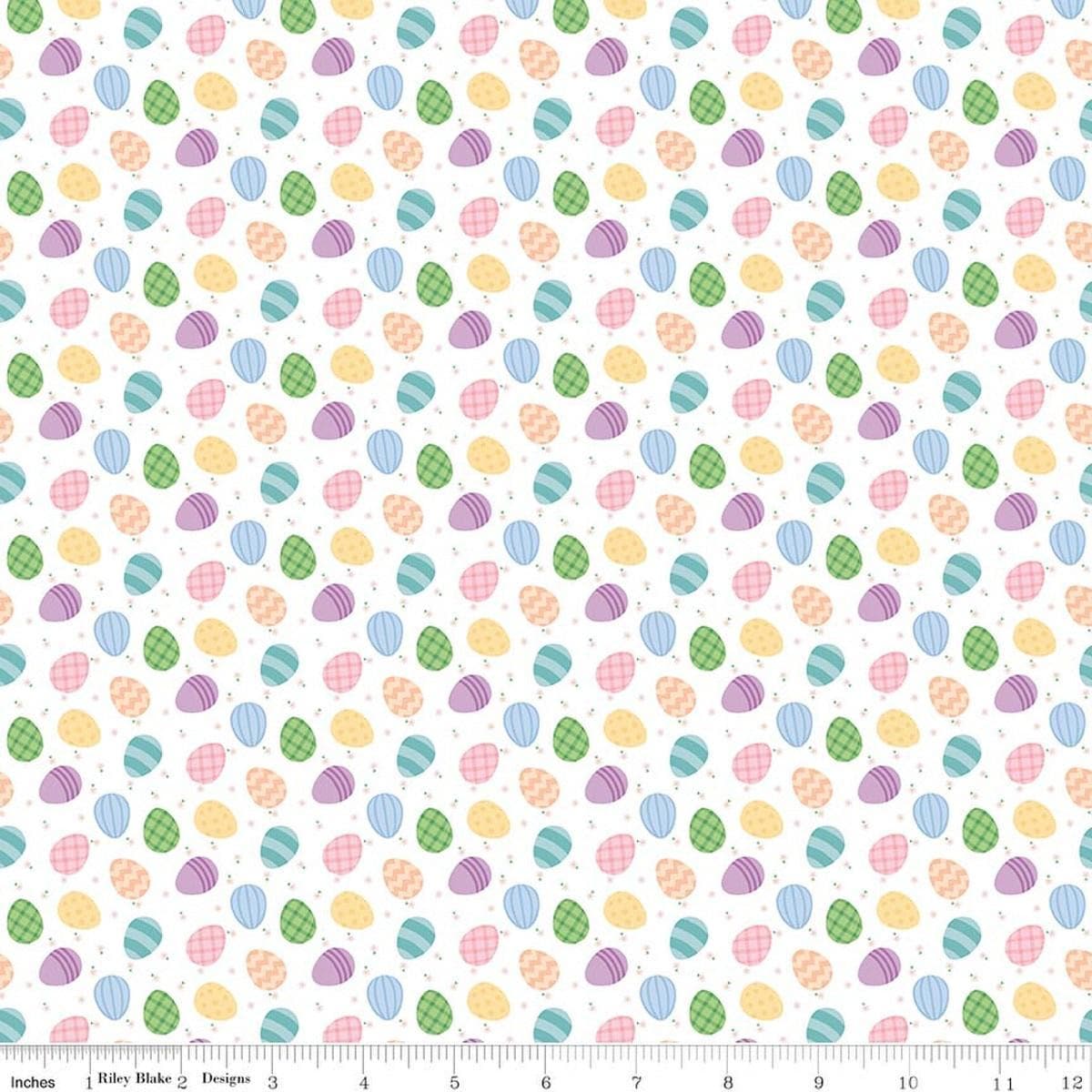 Image of Seasonal Basics Egg Toss White quilting cotton fabric by Christopher Thompson for Riley Blake Designs. Features eggs on a white background. Cute Little Fabric Shop.