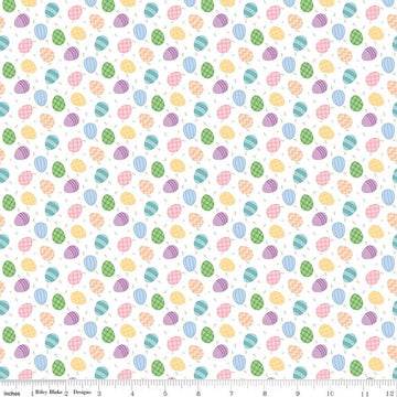 Image of Seasonal Basics Egg Toss White quilting cotton fabric by Christopher Thompson for Riley Blake Designs. Features eggs on a white background. Cute Little Fabric Shop.