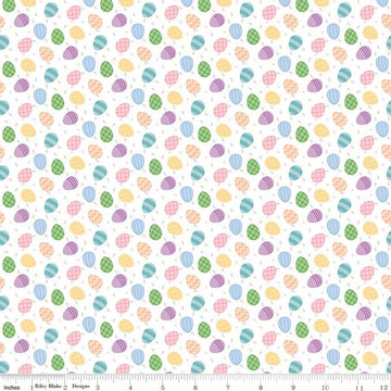 Image of Seasonal Basics Egg Toss White quilting cotton fabric by Christopher Thompson for Riley Blake Designs. Features eggs on a white background. Cute Little Fabric Shop.