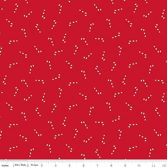 Image of Seasonal Basics Candy Canes Ren quilting cotton fabric by Christopher Thompson for Riley Blake Designs. Features candy canes on a red background. Cute Little Fabric Shop.