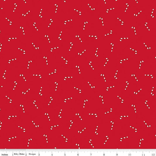Image of Seasonal Basics Candy Canes Ren quilting cotton fabric by Christopher Thompson for Riley Blake Designs. Features candy canes on a red background. Cute Little Fabric Shop.