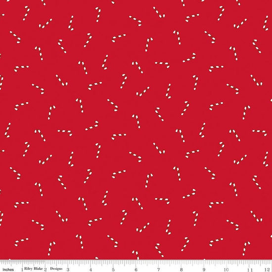 Image of Seasonal Basics Candy Canes Ren quilting cotton fabric by Christopher Thompson for Riley Blake Designs. Features candy canes on a red background. Cute Little Fabric Shop.
