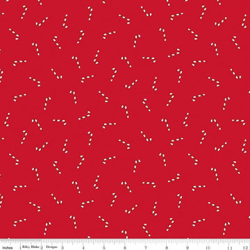Image of Seasonal Basics Candy Canes Ren quilting cotton fabric by Christopher Thompson for Riley Blake Designs. Features candy canes on a red background. Cute Little Fabric Shop.