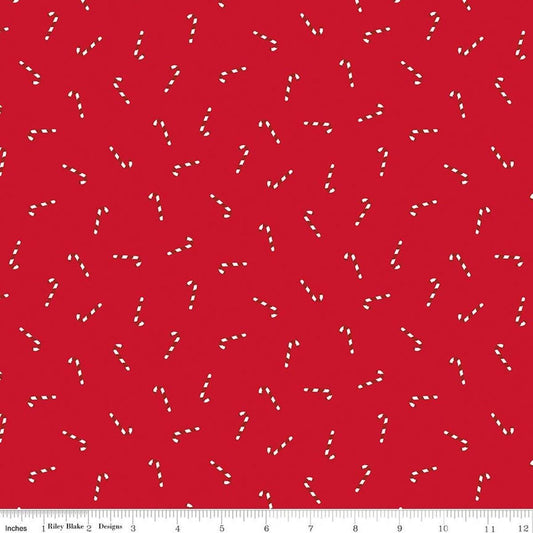 Image of Seasonal Basics Candy Canes Ren quilting cotton fabric by Christopher Thompson for Riley Blake Designs. Features candy canes on a red background. Cute Little Fabric Shop.
