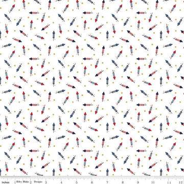 Image of Seasonal Basics Pop Boom Bang White quilting cotton fabric by Christopher Thompson for Riley Blake Designs. Features fireworks on a white background. Cute Little Fabric Shop.