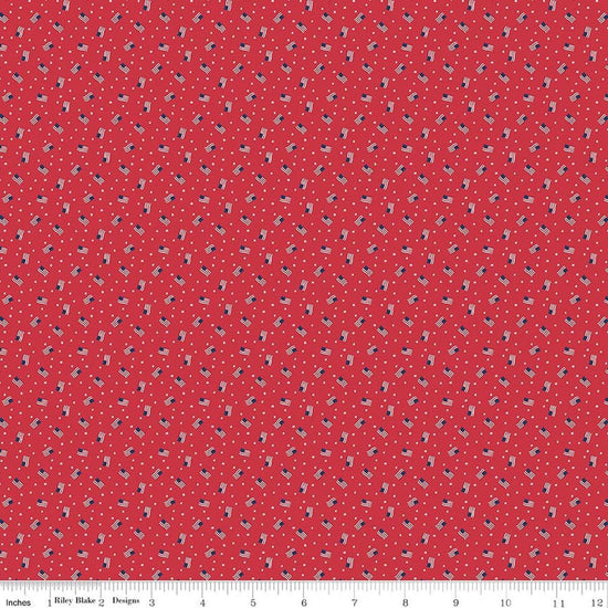 Image of Seasonal Basics Grand Ol' Flag Red quilting cotton fabric by Christopher Thompson for Riley Blake Designs. Features American flags on a red background. Cute Little Fabric Shop.