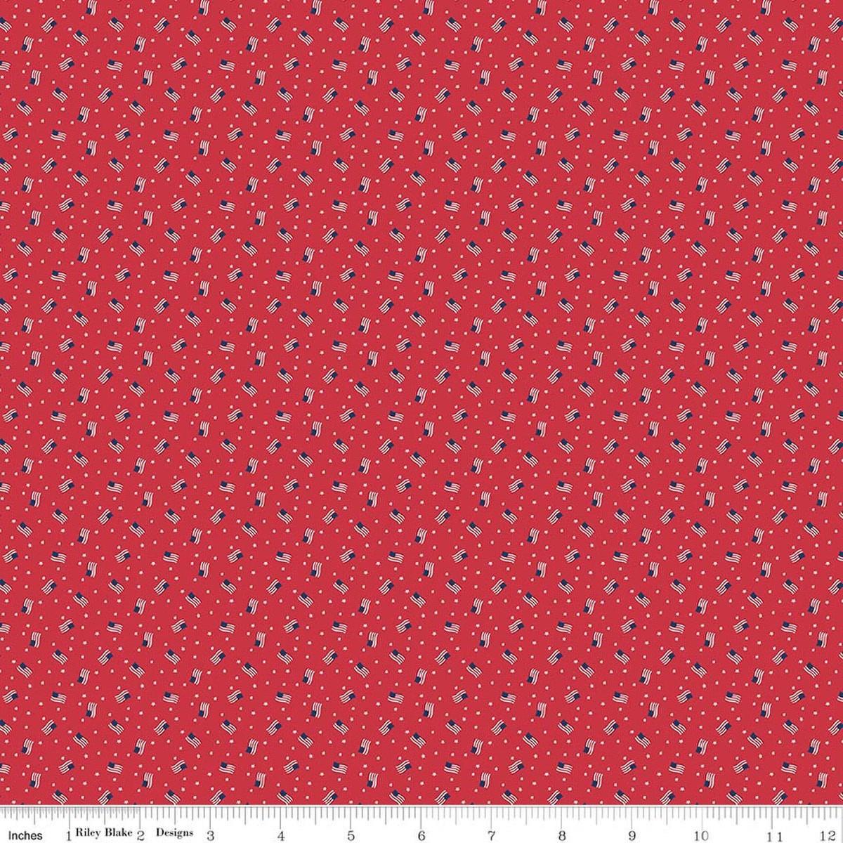 Image of Seasonal Basics Grand Ol' Flag Red quilting cotton fabric by Christopher Thompson for Riley Blake Designs. Features American flags on a red background. Cute Little Fabric Shop.