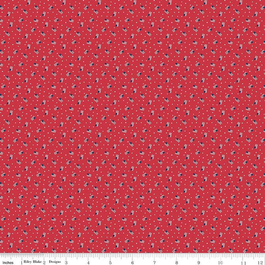 Image of Seasonal Basics Grand Ol' Flag Red quilting cotton fabric by Christopher Thompson for Riley Blake Designs. Features American flags on a red background. Cute Little Fabric Shop.