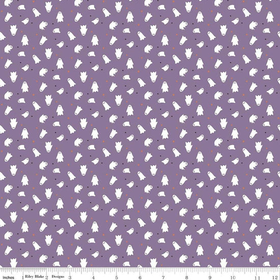 Image of Seasonal Basics Ghosts Purple quilting cotton fabric by Christopher Thompson for Riley Blake Designs. Features ghosts on a purple background. Cute Little Fabric Shop.