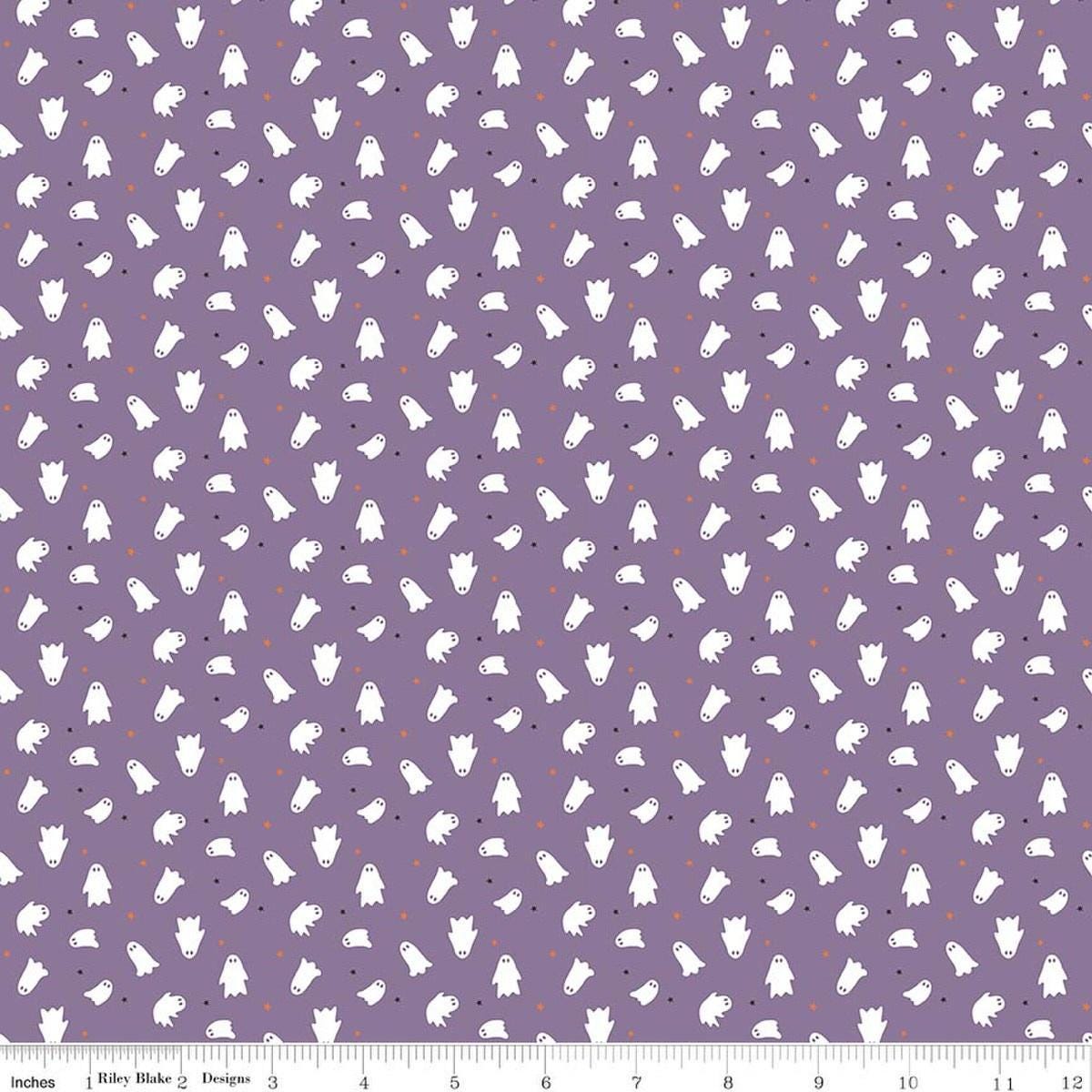 Image of Seasonal Basics Ghosts Purple quilting cotton fabric by Christopher Thompson for Riley Blake Designs. Features ghosts on a purple background. Cute Little Fabric Shop.