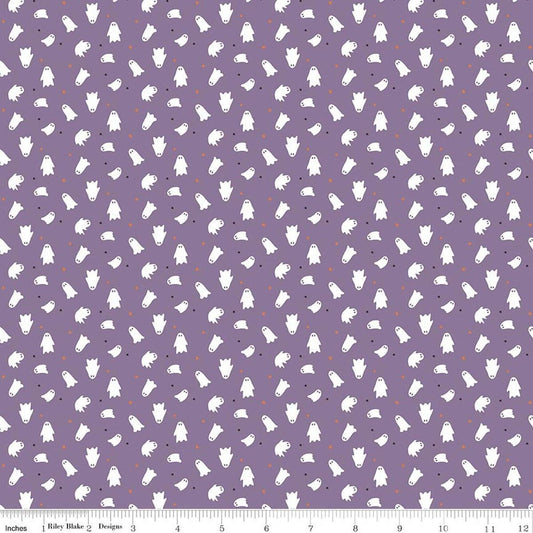 Image of Seasonal Basics Ghosts Purple quilting cotton fabric by Christopher Thompson for Riley Blake Designs. Features ghosts on a purple background. Cute Little Fabric Shop.