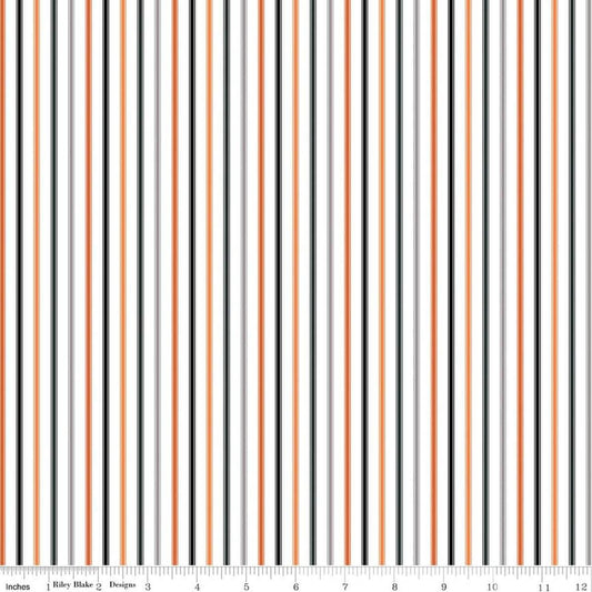 Image of Seasonal Basics Ticking Stripe Halloween quilting cotton fabric by Christopher Thompson for Riley Blake Designs. Features stripes on an orange background. Cute Little Fabric Shop.