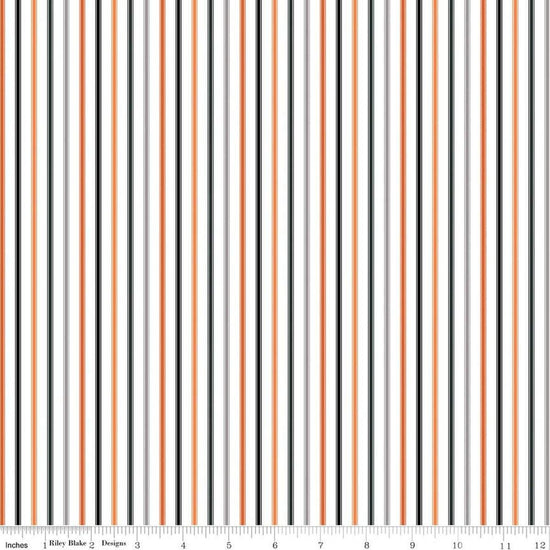 Image of Seasonal Basics Ticking Stripe Halloween quilting cotton fabric by Christopher Thompson for Riley Blake Designs. Features stripes on an orange background. Cute Little Fabric Shop.