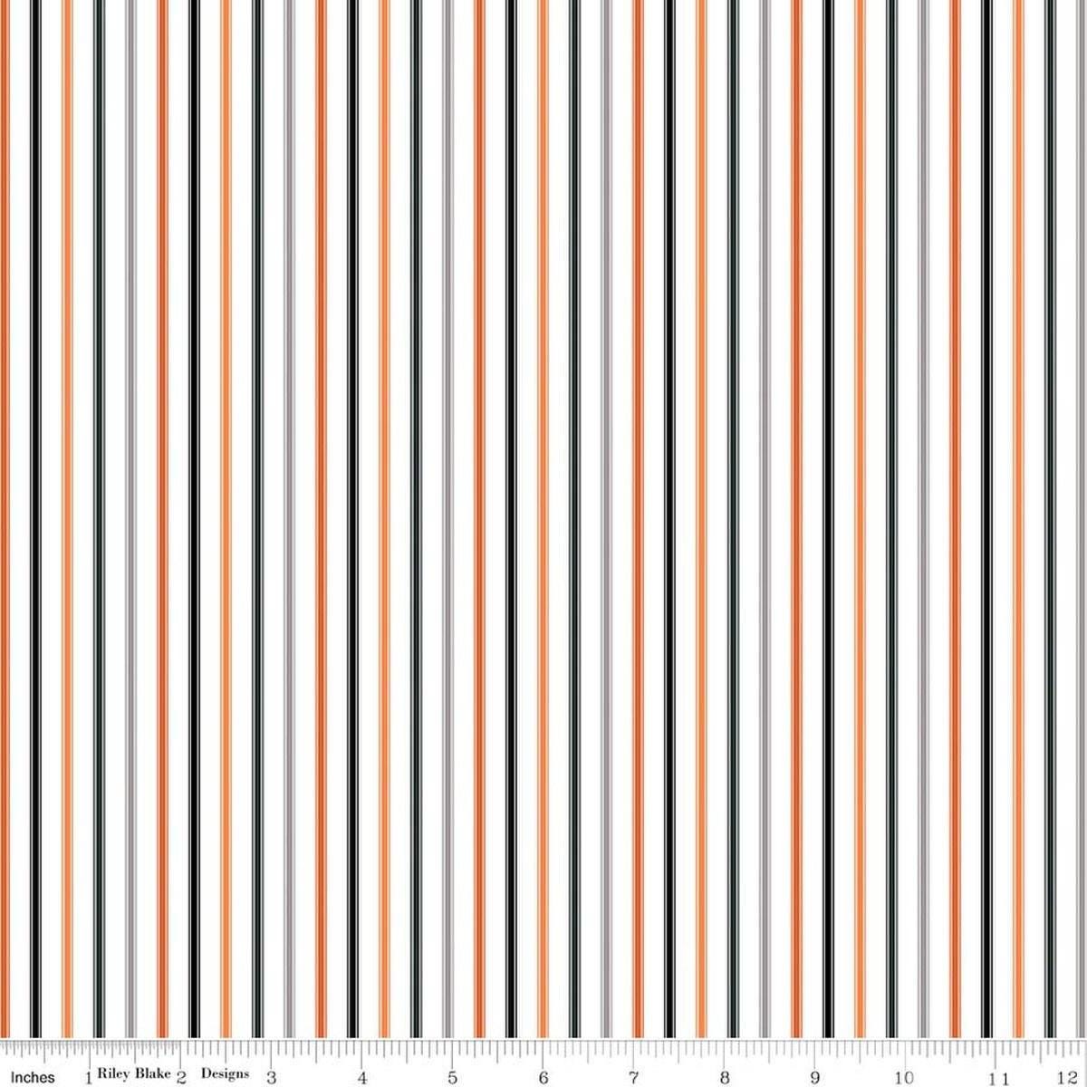 Image of Seasonal Basics Ticking Stripe Halloween quilting cotton fabric by Christopher Thompson for Riley Blake Designs. Features stripes on an orange background. Cute Little Fabric Shop.