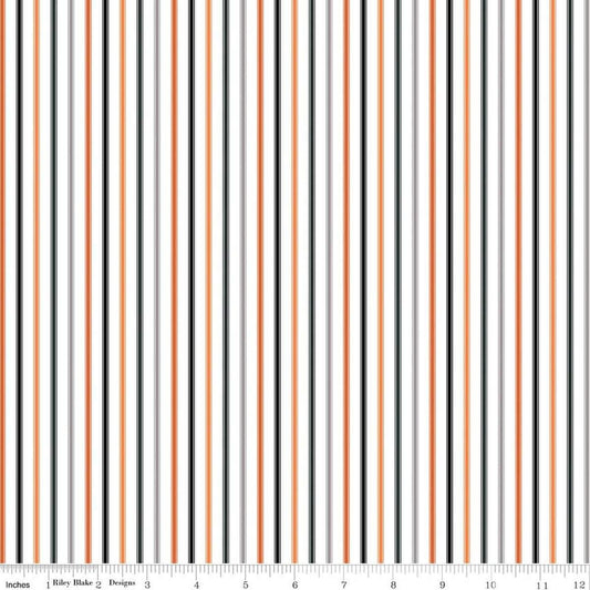 Image of Seasonal Basics Ticking Stripe Halloween quilting cotton fabric by Christopher Thompson for Riley Blake Designs. Features stripes on an orange background. Cute Little Fabric Shop.