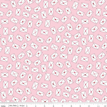 Image of Seasonal Basics Love Notes Pink quilting cotton fabric by Christopher Thompson for Riley Blake Designs. Features envelopes on a pink background. Cute Little Fabric Shop.