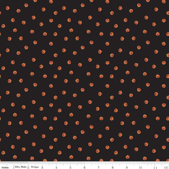 Image of Seasonal Basics Jacks Black quilting cotton fabric by Christopher Thompson for Riley Blake Designs. Features pumpkins on a black background. Cute Little Fabric Shop.